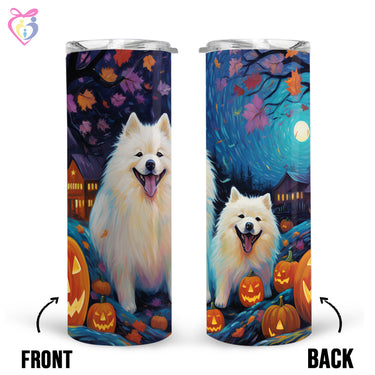 Samoyeds Halloween With Pumpkin 20oz Skinny Tumbler, Holiday Skinny Tumbler, For Dog Lovers, Vibrant Tumbler, Trending Tumbler